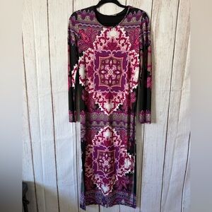 Bailey 44 Purple Paisley Mandala Print Long Sleeve Maxi Dress Double Slits